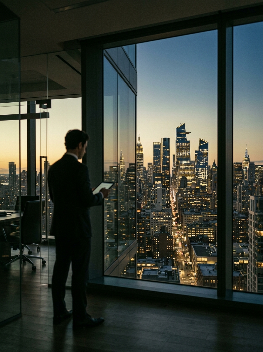 Executive overlooking a North American skyline at dusk